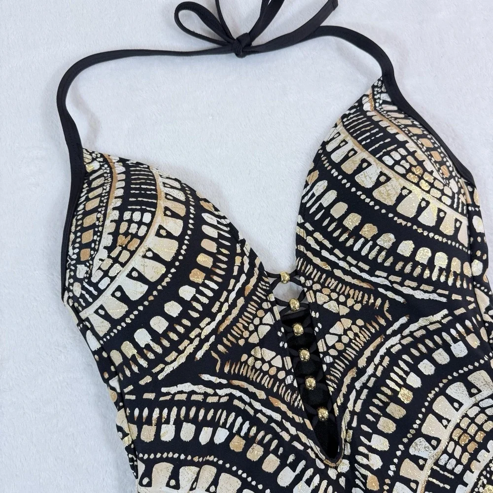 NWT Kenneth Cole Desert Romance Plunging Neck Bathing Suit Halter Size S New